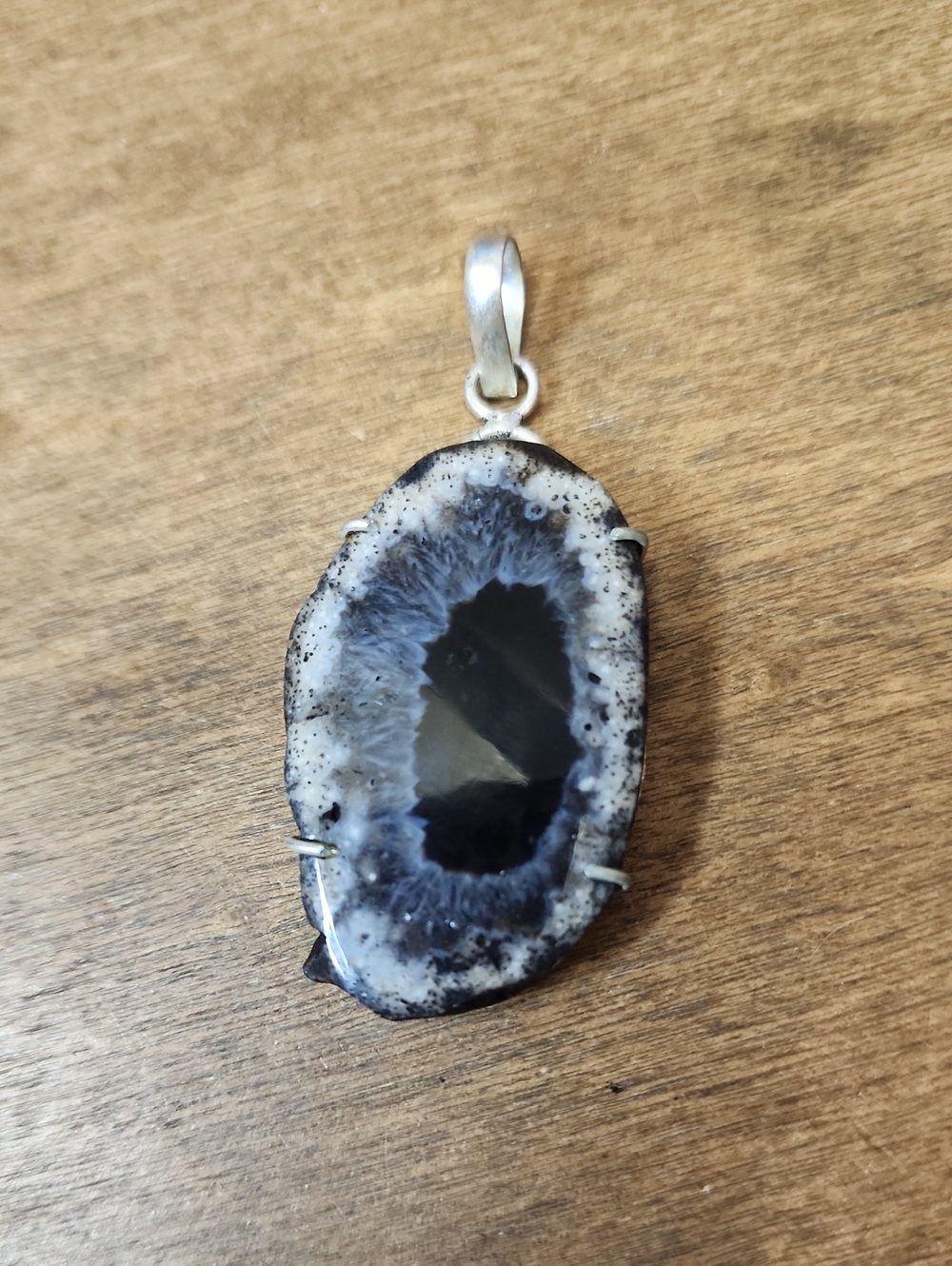 Black and Gray Agate Geode Pendant Necklace - Women's Jewelry
